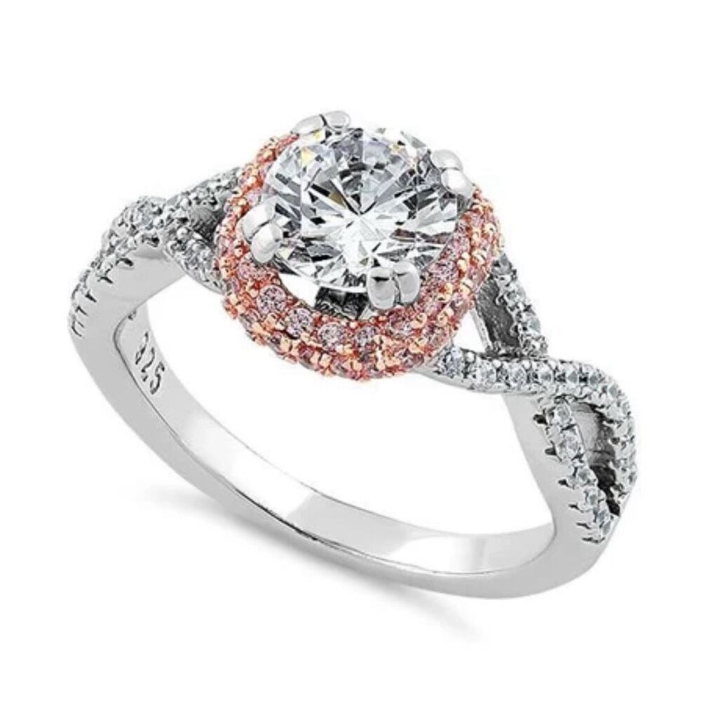 Sterling Silver Twisted Two Tone Rose Gold Vermeil Clear CZ Ring New